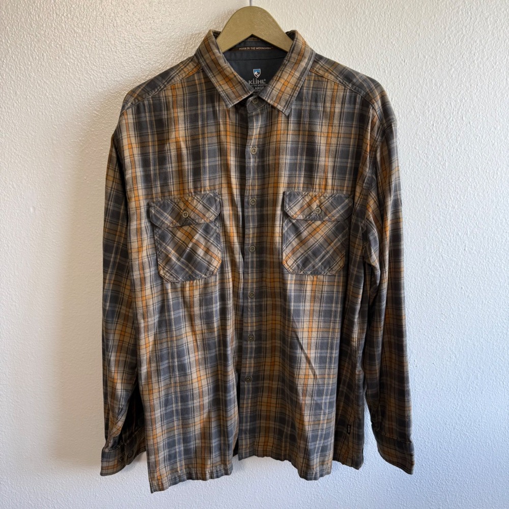 KUHL Men's XL Orange Gray Dillingr Plaid Flannel Button Up Shirt Western